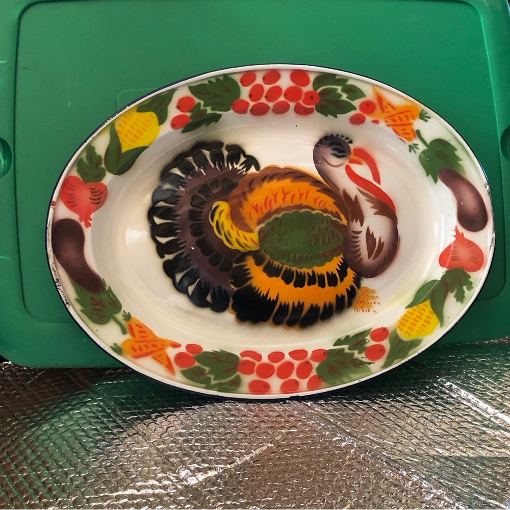 Vintage Enamel Turkey Platter Approx 13 x 17